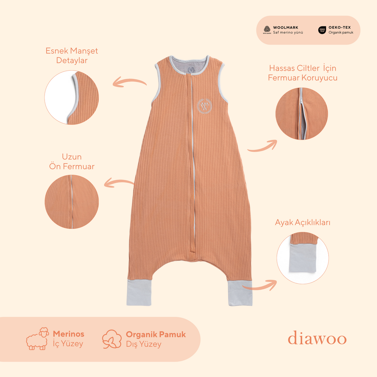 Diawoo Cacoon Walker - 4 Mevsim İpeksi Tarçın Merino Uyku Tulumu