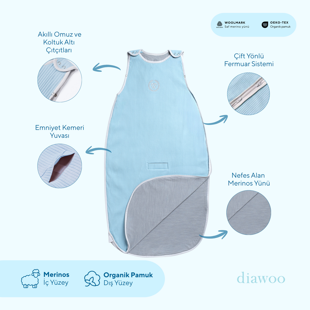 Diawoo Cacoon - 4 Mevsim Bulut Mavisi Merino Uyku Tulumu