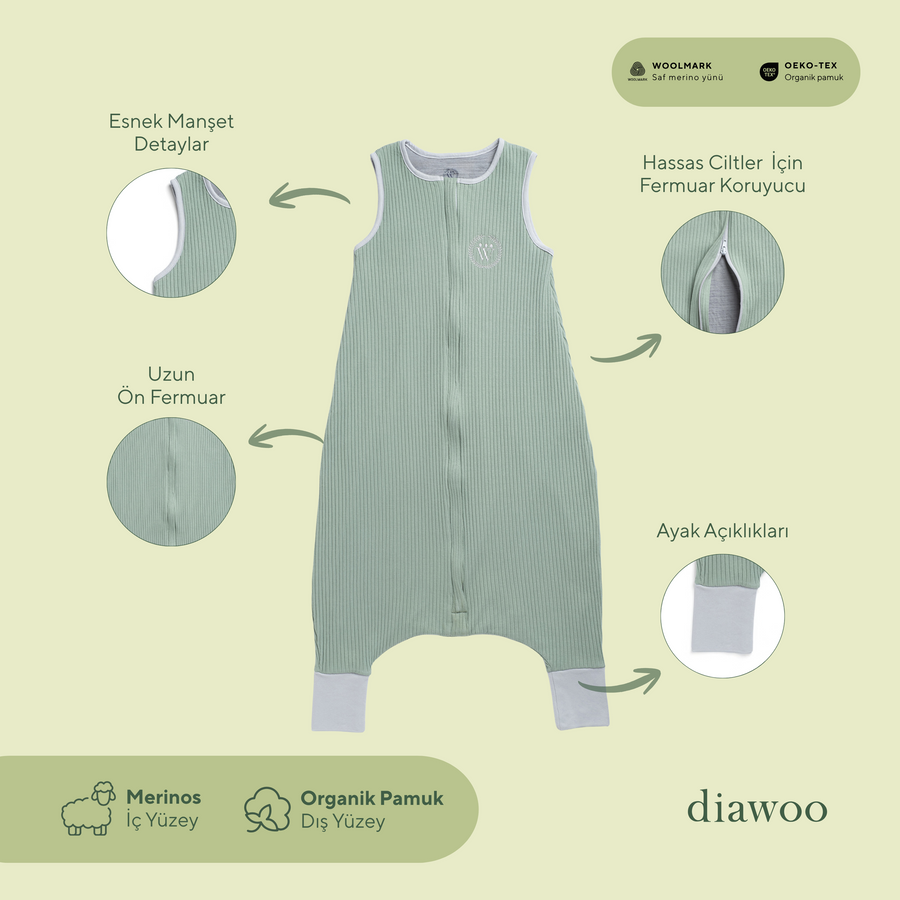 Diawoo Cacoon Walker - 4 Mevsim Zeytin Yeşili Merino Uyku Tulumu