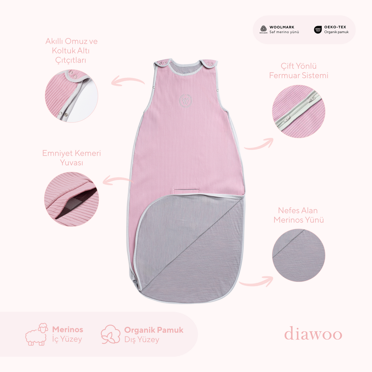 Diawoo Cacoon - 4 Mevsim İnci Pembesi Merino Uyku Tulumu